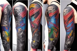 full sleeve, sci-fi, pulp, colorful tattoo idea