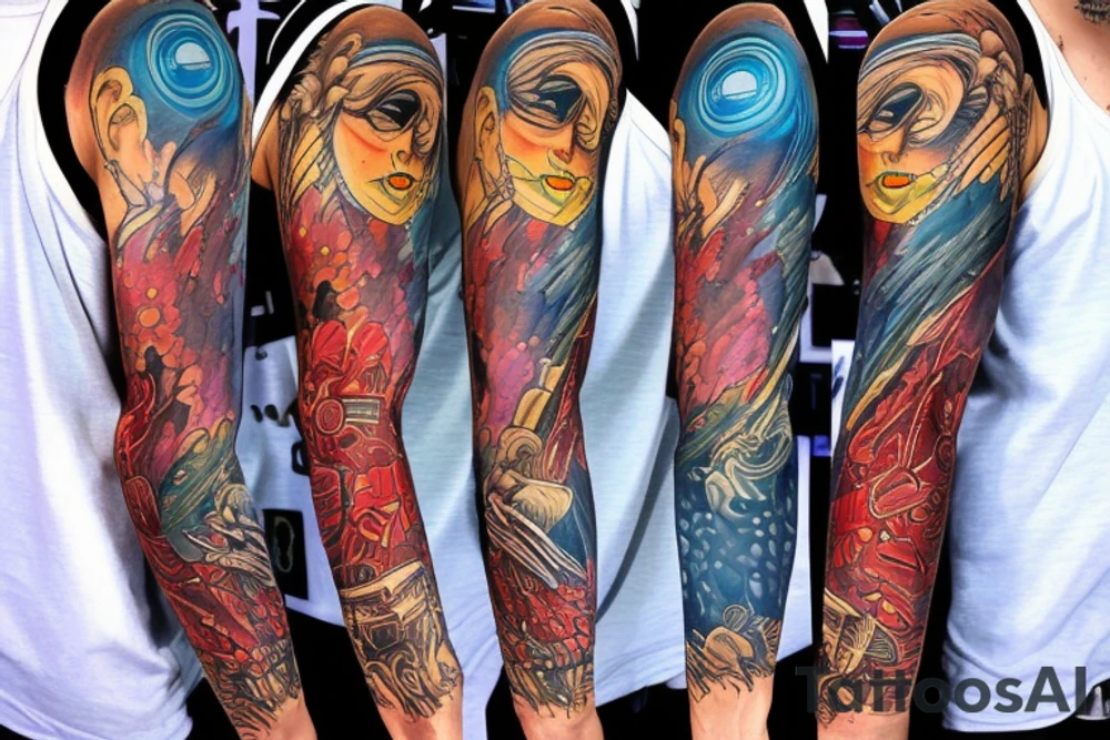 full sleeve, sci-fi, pulp, color tattoo idea