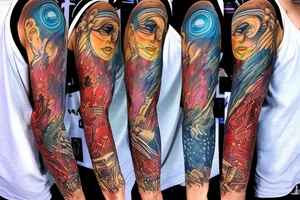 full sleeve, sci-fi, pulp, color tattoo idea