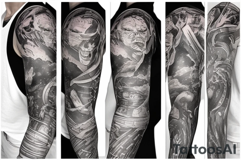 full sleeve, sci-fi, pulp, color tattoo idea