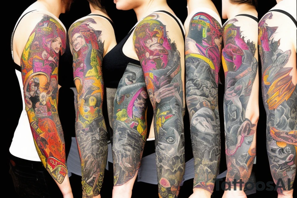 full sleeve, lurid and ridiculous plots usually involve buxom damsels rescued by square-jawed, ray gun-toting heroes as they battle brutish monsters color tattoo idea