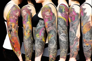 full sleeve, lurid and ridiculous plots usually involve buxom damsels rescued by square-jawed, ray gun-toting heroes as they battle brutish monsters color tattoo idea