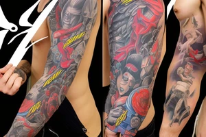 full sleeve, lurid and ridiculous plots usually involve buxom damsels rescued by square-jawed, ray gun-toting heroes as they battle brutish monsters color tattoo idea