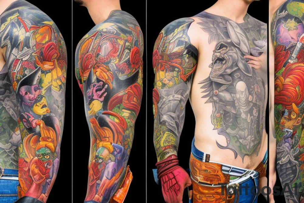 full sleeve, lurid and ridiculous plots usually involve buxom damsels rescued by square-jawed, ray gun-toting heroes as they battle brutish monsters color tattoo idea