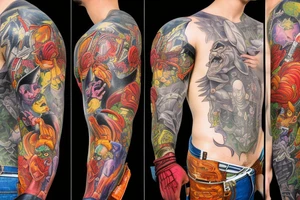 full sleeve, lurid and ridiculous plots usually involve buxom damsels rescued by square-jawed, ray gun-toting heroes as they battle brutish monsters color tattoo idea