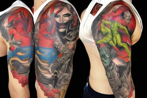 full sleeve, lurid and ridiculous plots usually involve buxom damsels rescued by square-jawed, ray gun-toting heroes as they battle brutish monsters color tattoo idea