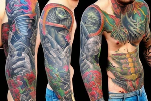 full sleeve, lurid and ridiculous plots, buxom damsels rescued,  square-jawed ray gun-toting heroes, battle brutish monsters color tattoo idea