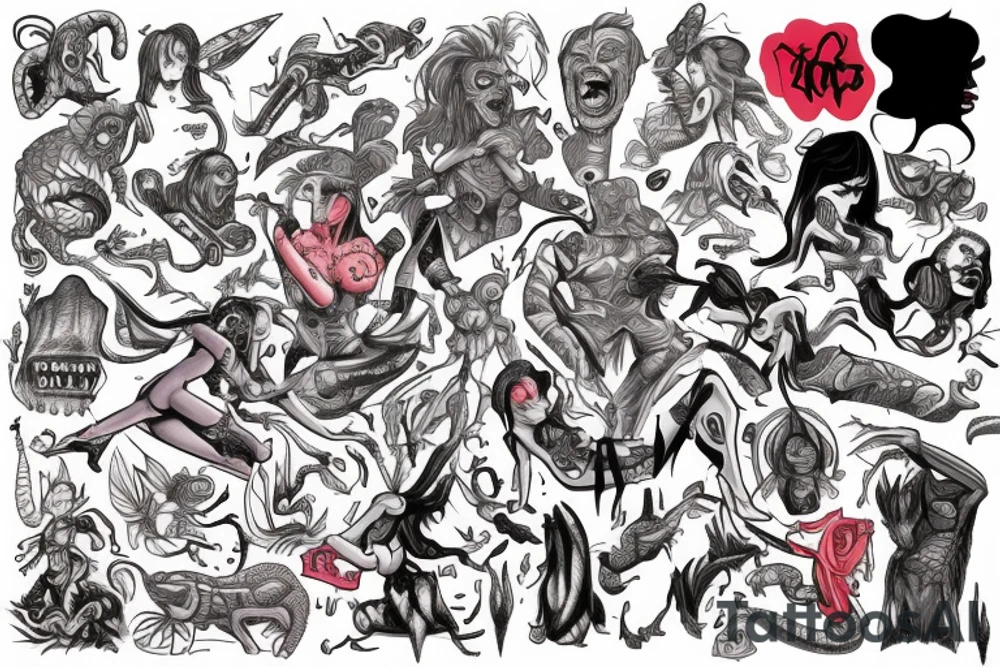 full sleeve, colourful cover art, brutish monsters, space heroes, and the scantily-clad damsel in distress. tattoo idea
