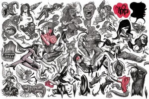 full sleeve, colourful cover art, brutish monsters, space heroes, and the scantily-clad damsel in distress. tattoo idea