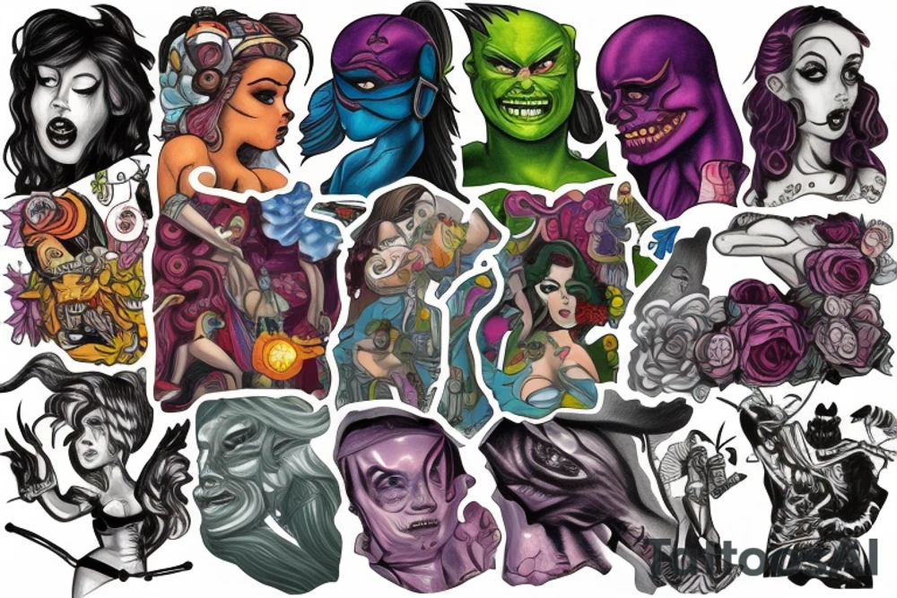full sleeve, colourful cover art, brutish monsters, space heroes, and the scantily-clad damsel in distress. tattoo idea