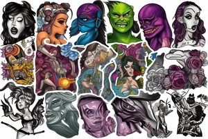full sleeve, colourful cover art, brutish monsters, space heroes, and the scantily-clad damsel in distress. tattoo idea