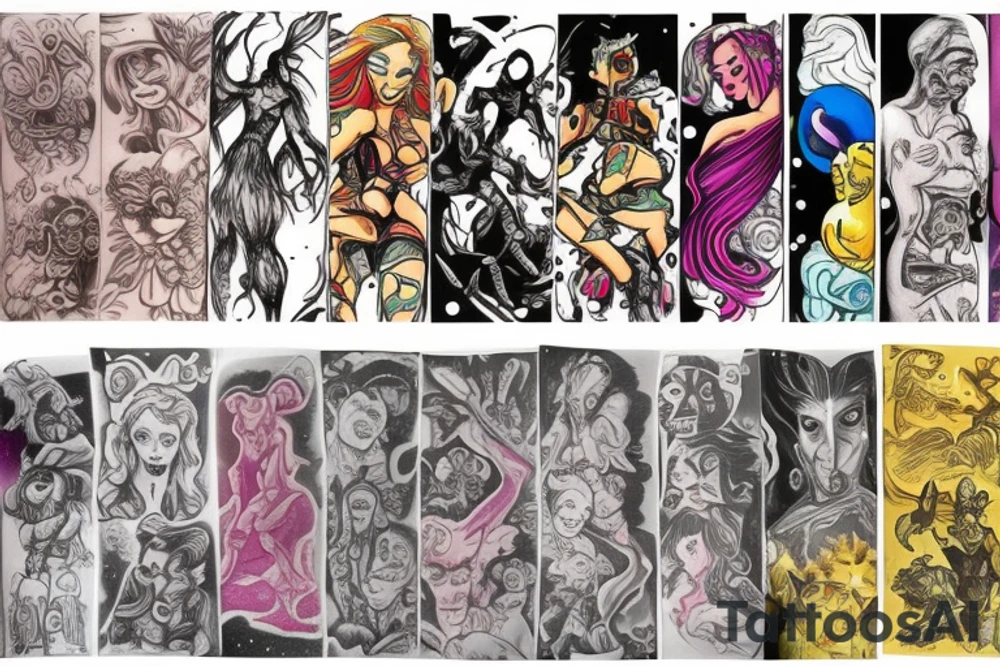 full sleeve, colorful cover art, brutish monsters, space heroes, and the scantily-clad damsel in distress. tattoo idea
