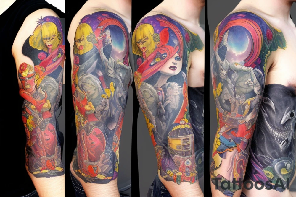 full sleeve, colorful cover art, brutish monsters, space heroes, and the scantily-clad damsel in distress. tattoo idea
