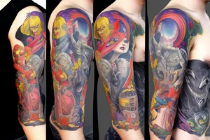 full sleeve, colorful cover art, brutish monsters, space heroes, and the scantily-clad damsel in distress. tattoo idea