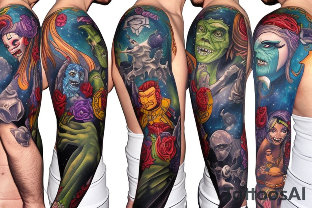 full sleeve, colorful cover art, brutish monsters, space heroes, and the scantily-clad damsel in distress. tattoo idea