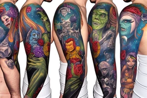 full sleeve, colorful cover art, brutish monsters, space heroes, and the scantily-clad damsel in distress. tattoo idea