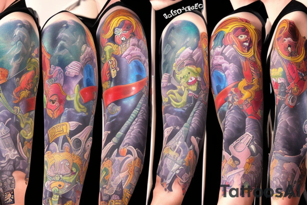 full sleeve, colorful cover art, brutish monsters, space heroes, and the scantily-clad damsel in distress. tattoo idea