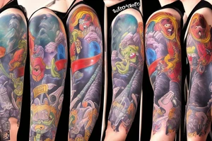 full sleeve, colorful cover art, brutish monsters, space heroes, and the scantily-clad damsel in distress. tattoo idea
