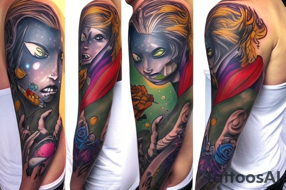full sleeve, colorful cover art, brutish monsters, space heroes, scantily-clad damsel in distress. tattoo idea