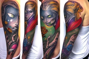 full sleeve, colorful cover art, brutish monsters, space heroes, scantily-clad damsel in distress. tattoo idea