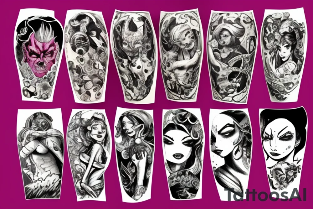 full sleeve, colorful, brutish monsters, space heroes, scantily-clad damsel in distress. tattoo idea