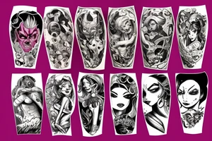 full sleeve, colorful, brutish monsters, space heroes, scantily-clad damsel in distress. tattoo idea