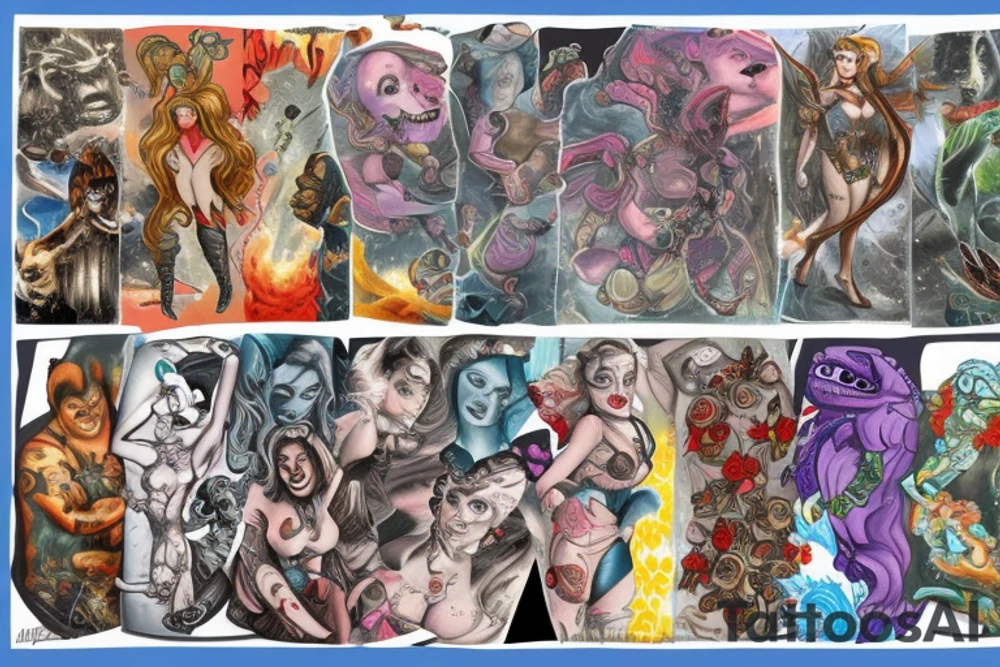 full sleeve, colorful, brutish monsters, space heroes, scantily-clad damsel in distress. tattoo idea