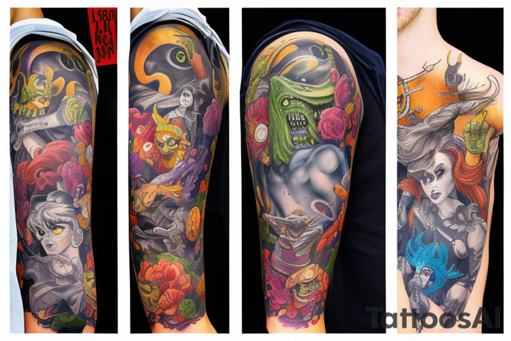 full sleeve, colorful, brutish monsters, space heroes, scantily-clad damsel in distress. tattoo idea