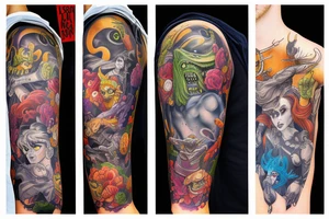 full sleeve, colorful, brutish monsters, space heroes, scantily-clad damsel in distress. tattoo idea
