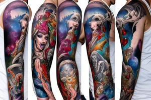 full sleeve, colorful, brutish monsters, space heroes, scantily-clad damsel in distress. tattoo idea