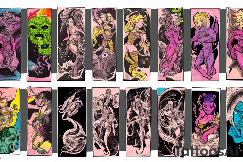 full sleeve, colorful, brutish monsters, space heroes, scantily-clad damsel in distress. tattoo idea