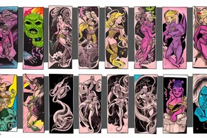 full sleeve, colorful, brutish monsters, space heroes, scantily-clad damsel in distress. tattoo idea