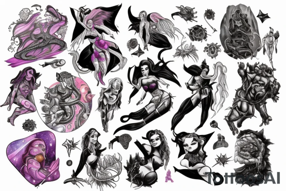 full sleeve, colorful, brutish monsters, space heroes, scantily-clad damsel in distress. tattoo idea