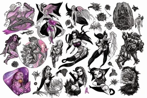 full sleeve, colorful, brutish monsters, space heroes, scantily-clad damsel in distress. tattoo idea