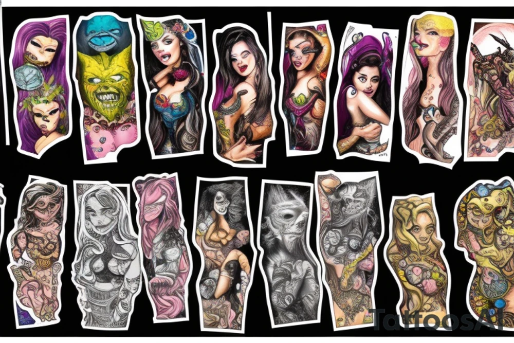 full sleeve, colorful, brutish monsters, space heroes, scantily-clad damsel in distress. tattoo idea