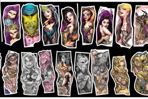 full sleeve, colorful, brutish monsters, space heroes, scantily-clad damsel in distress. tattoo idea