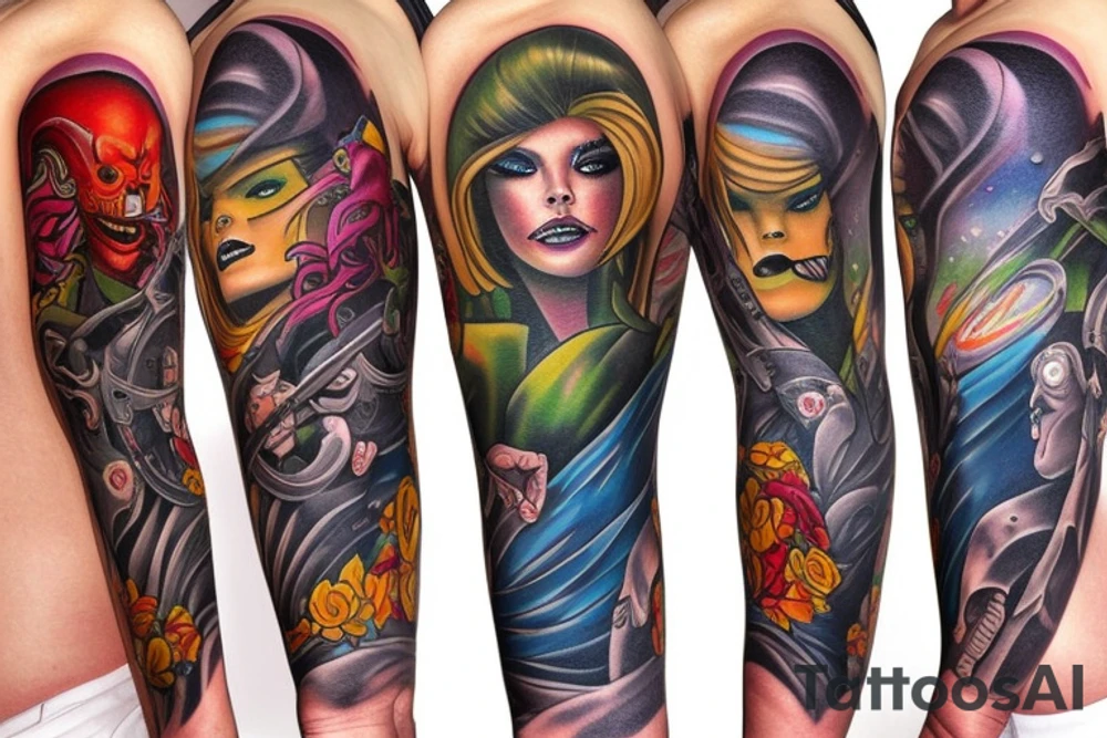 full sleeve, colorful, brutish monsters, space heroes, scantily-clad damsel in distress. tattoo idea