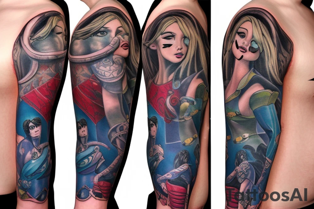 full sleeve, brutish monsters, space heroes, scantily-clad damsel in distress. tattoo idea