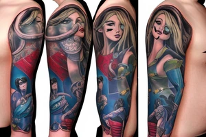 full sleeve, brutish monsters, space heroes, scantily-clad damsel in distress. tattoo idea