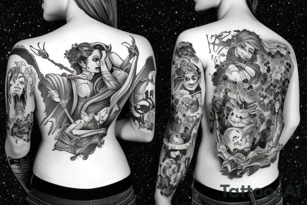 full sleeve, brutish monsters, space heroes, scantily-clad damsel in distress. tattoo idea