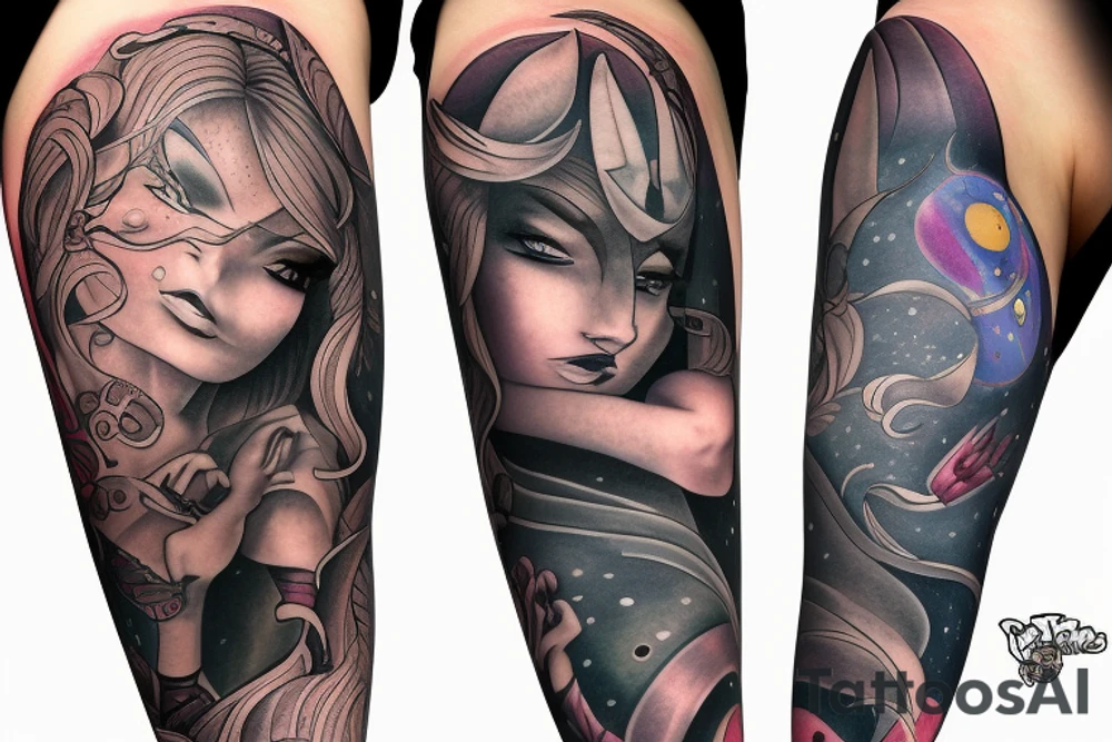 full sleeve, brutish monsters, space heroes, scantily-clad damsel in distress. tattoo idea