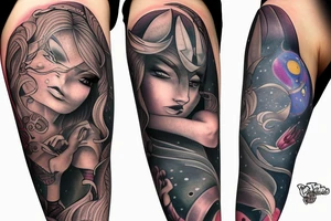 full sleeve, brutish monsters, space heroes, scantily-clad damsel in distress. tattoo idea
