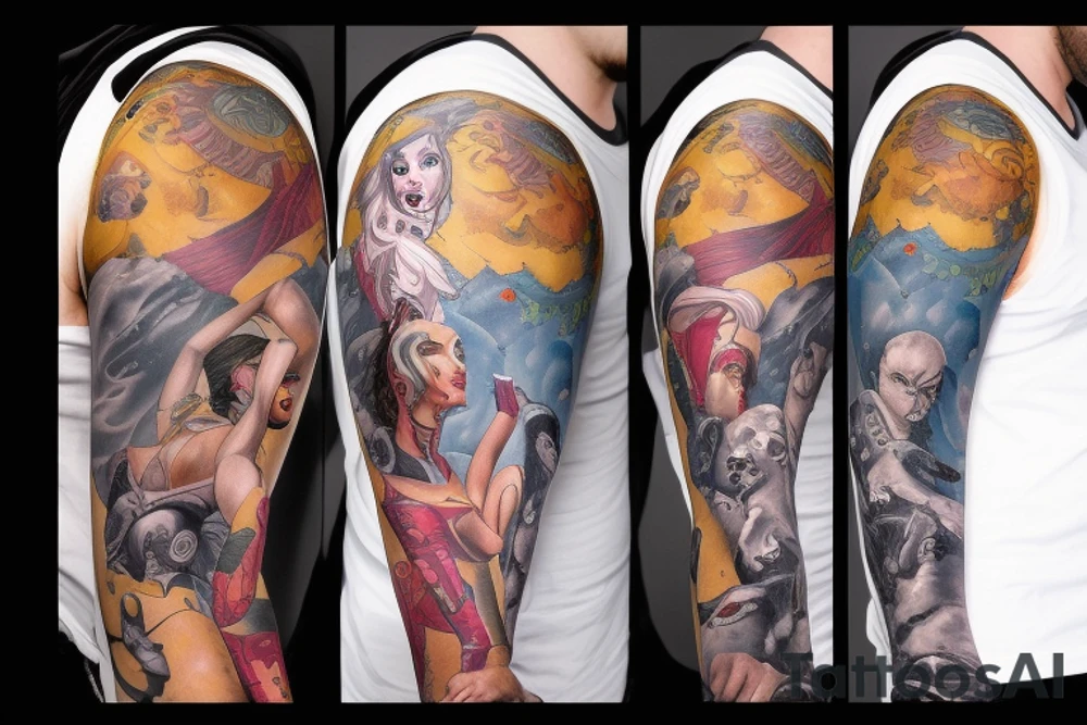 full sleeve, brutish monsters, space heroes, scantily-clad damsel in distress. tattoo idea