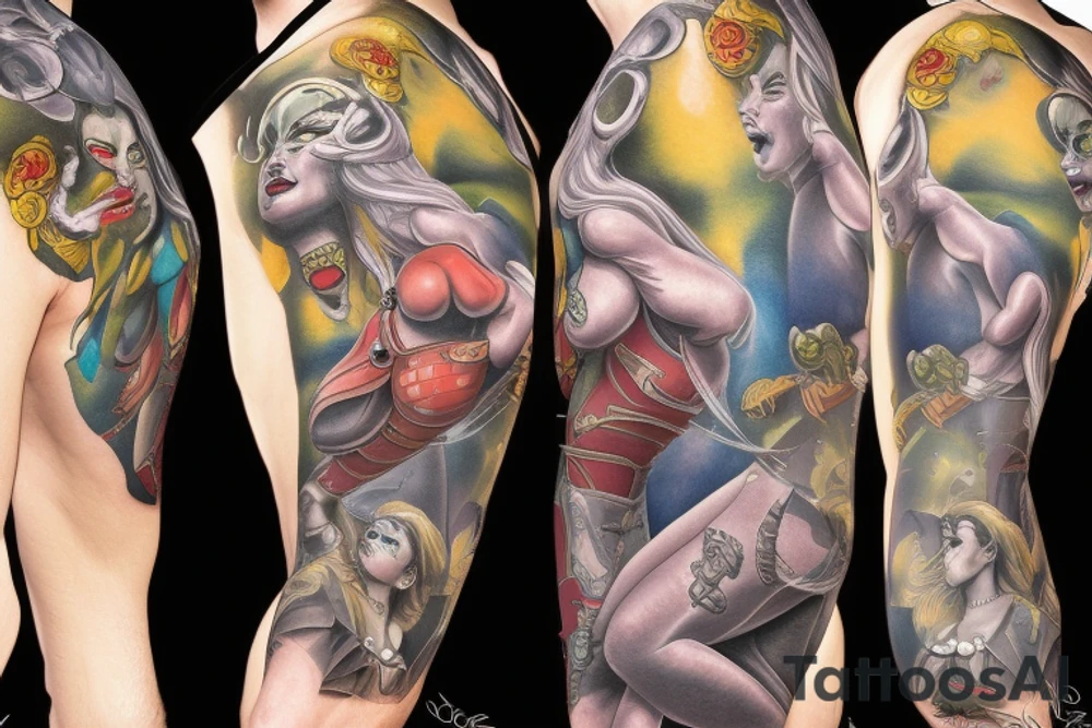full sleeve, brutish monsters, space heroes, scantily-clad damsel in distress. tattoo idea