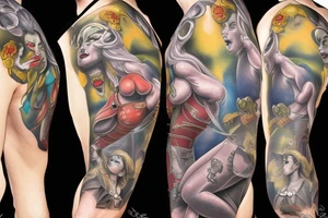 full sleeve, brutish monsters, space heroes, scantily-clad damsel in distress. tattoo idea