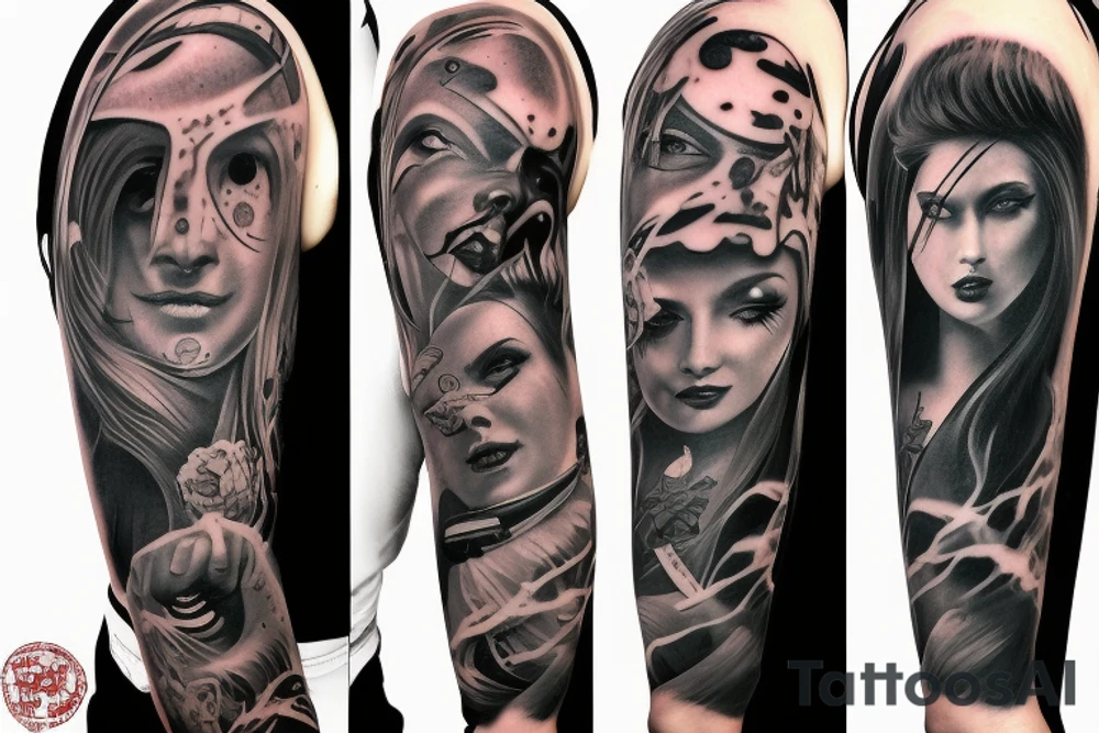 full sleeve, brutish monsters, space heroes, scantily-clad damsel in distress, pulp, noir tattoo idea
