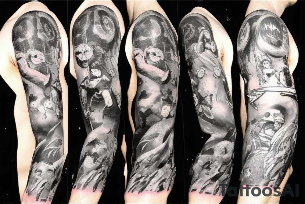 full sleeve, brutish monsters, space heroes, scantily-clad damsel in distress, pulp, noir tattoo idea