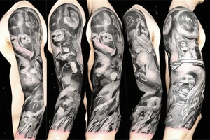 full sleeve, brutish monsters, space heroes, scantily-clad damsel in distress, pulp, noir tattoo idea