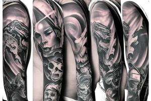 full sleeve, brutish monsters, space heroes, scantily-clad damsel in distress, pulp, noir tattoo idea