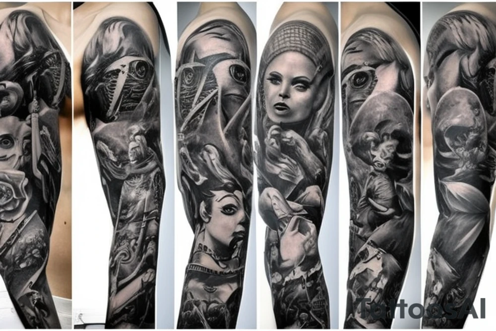 full sleeve, brutish monsters, space heroes, scantily-clad damsel in distress, pulp, noir tattoo idea